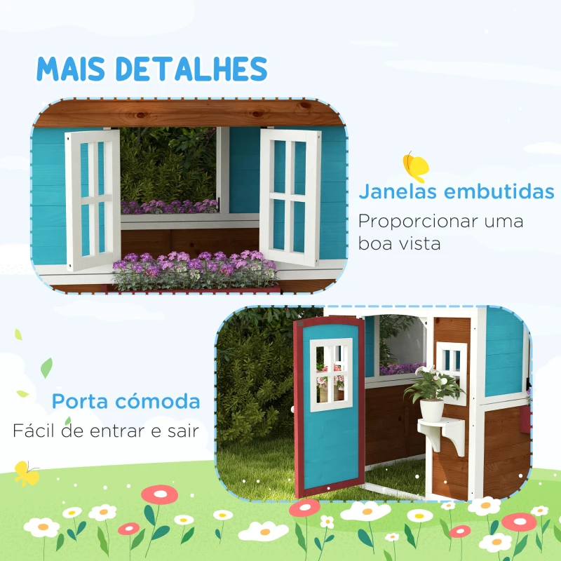 Outsunny Casa de Brincar Infantil para Jardim Casa de Madeira para Crianças com Porta Janelas e Floreiras 114x126,5x135 cm Marróm Escuro