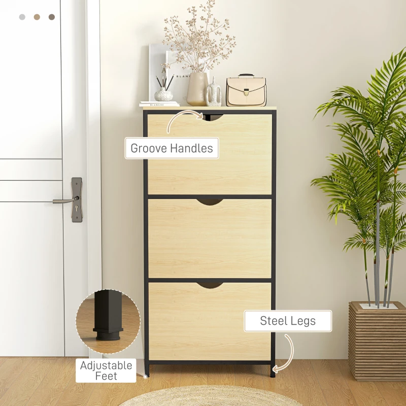 HOMCOM Dulap Îngust pentru Pantofi cu 3 Sertare Flip, Dulap Subțire cu Rafturi Reglabile, 60x24x124 cm, Lemn Natural(m-7)