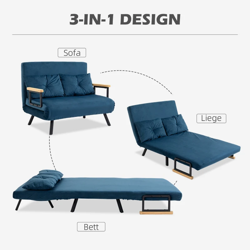 HOMCOM Tweepersoons Slaapbank, Met Verstelbare Rugleuning en Kussens voor Comfortabele Rust in de Woonkamer voor Koppels en Gezinnen, Natuur + Blauw(m-4)