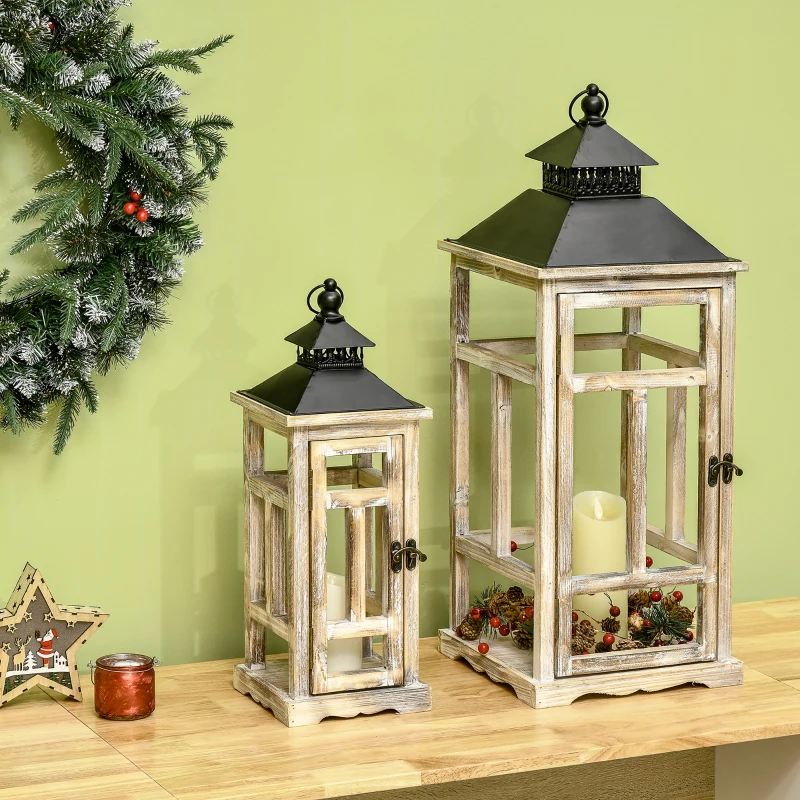 HOMCOM Conjunto de 2 Lanternas de Jardim 76/54cm Lanternas Decorativos de Metal e Madeira Estilo Vintage Madeira e Preto