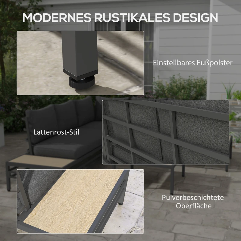 Outsunny Tuinset Tuinmeubelset Lounge Set, 1 Salontafel, 2 Bijzettafels, 2 Banken, Donkergrijs + Lichtbruin + Zwart