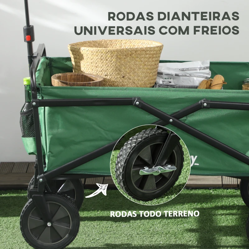 Outsunny Carrinho de Transporte Dobrável com Guiador Ajustável Roda Universal e Travão 83x50x69-99 cm Verde