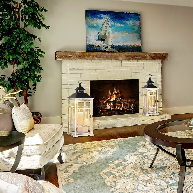 HOMCOM Conjunto de 2 Lanternas de Jardim 76/54cm Lanternas Decorativos de Metal e Madeira Estilo Vintage Madeira e Preto