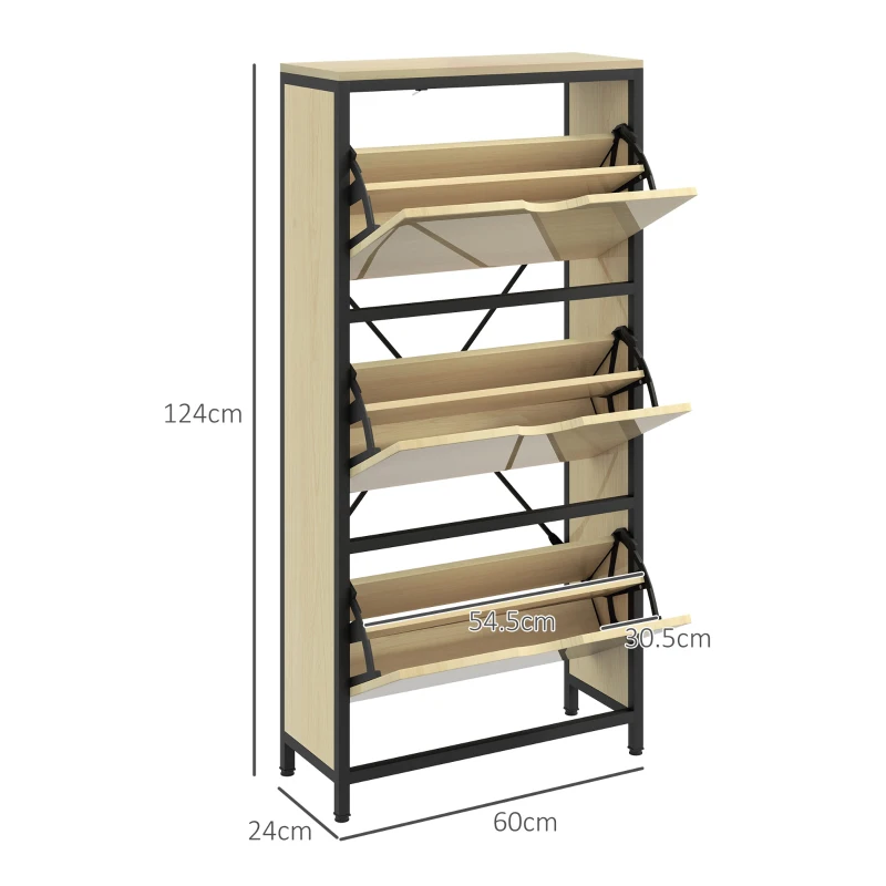 HOMCOM Dulap Îngust pentru Pantofi cu 3 Sertare Flip, Dulap Subțire cu Rafturi Reglabile, 60x24x124 cm, Lemn Natural(m-3)