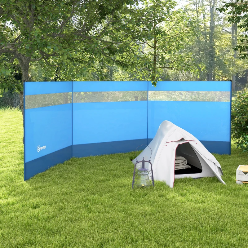 Outsunny Camping Windbreaker with Clear Windows, Carry Bag and Steel Poles, for Beach Caravan Campervan, 440 x 140cm, Blue