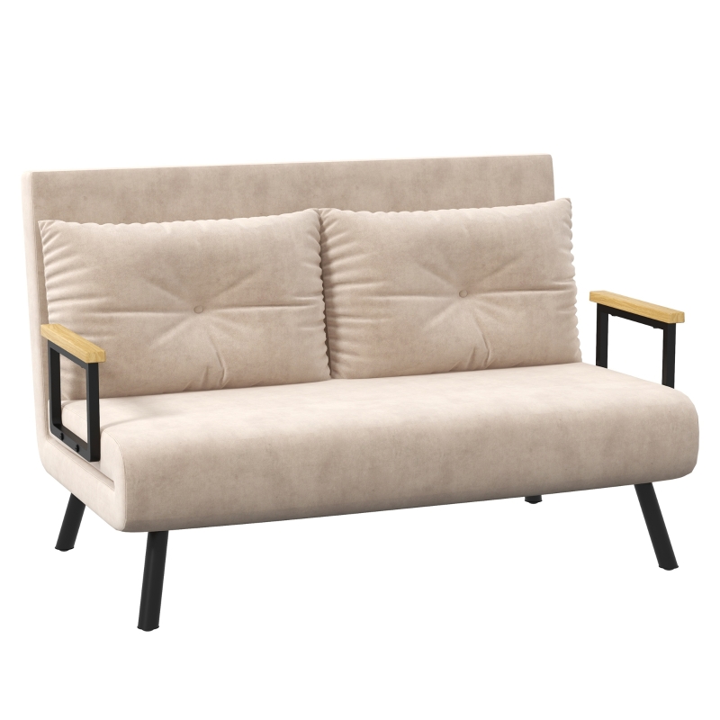 HOMCOM Sofa z funkcją spania, 2-osobowa sofa z aksamitną powłoką, funkcja spania, w zestawie 2 poduszki, aksamitny odcień, naturalny + beżowy + czarny