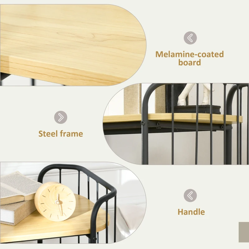 HOMCOM Carucior de Bucatarie Multifunctional pe 3 Niveluri din PAL si Otel cu Maner si 4 Roti, 79x38x95 cm, culoare Lemn natur
