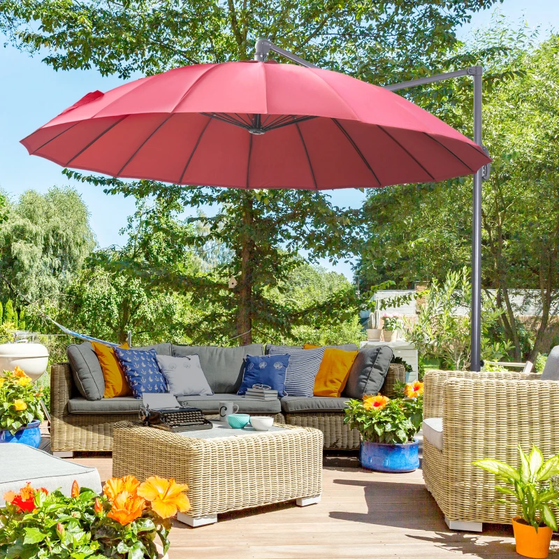 Outsunny Parasol Sombrilla de Jardín Ø300 cm de Diámetro con Manivela y Poste Giratorio 360° Techo Inclinable en 6 Posiciones Base Cruzada Incluida Rojo