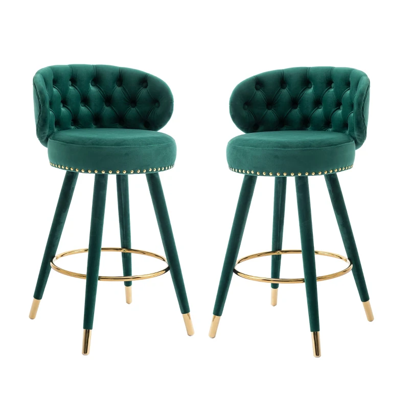 Set di 2 Sgabelli da Bar in Velluto con Schienale, Rotazione a 360° e Gambe in Legno per Casa, Cucina, e Ristoranti, Smeraldo