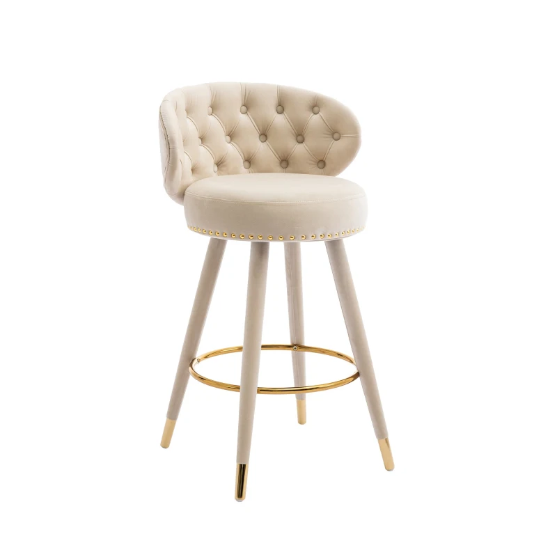 Set di 2 Sgabelli da Bar in Velluto con Schienale, Rotazione a 360° e Gambe in Legno per Casa, Cucina, e Ristoranti, Beige