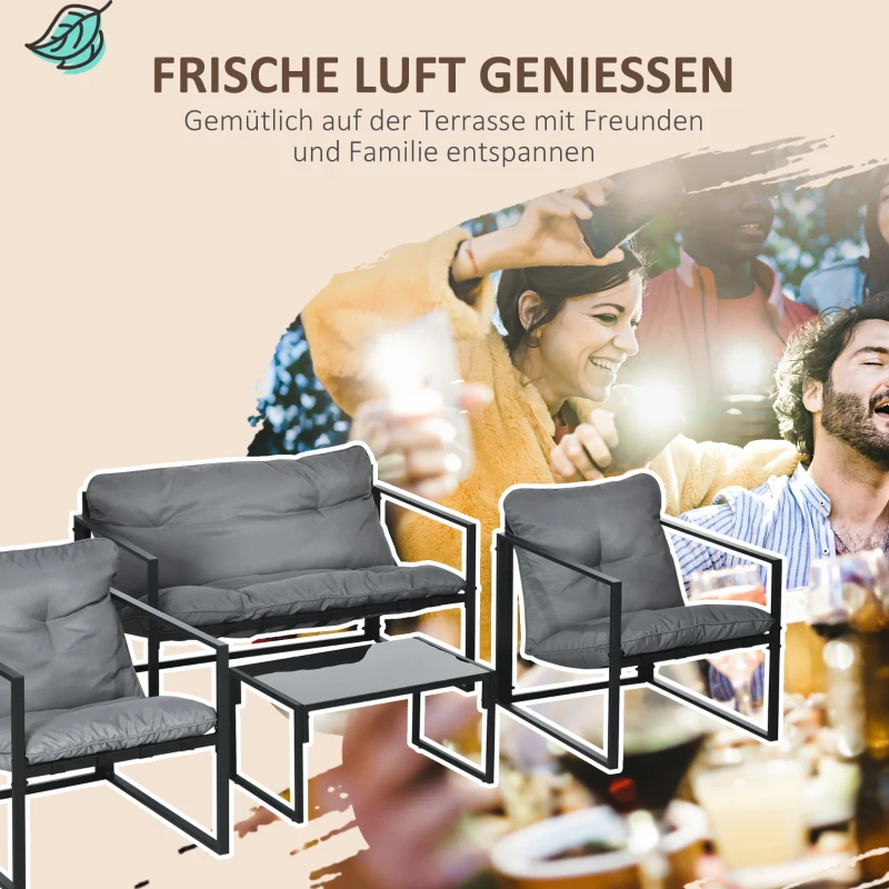 Outsunny Zestaw mebli ogrodowych, 1 stół z blatem szklanym, 2 fotele, 1 sofa, odporny na warunki atmosferyczne, 114 cm x 70 cm x 67 cm, Szary + Czarny