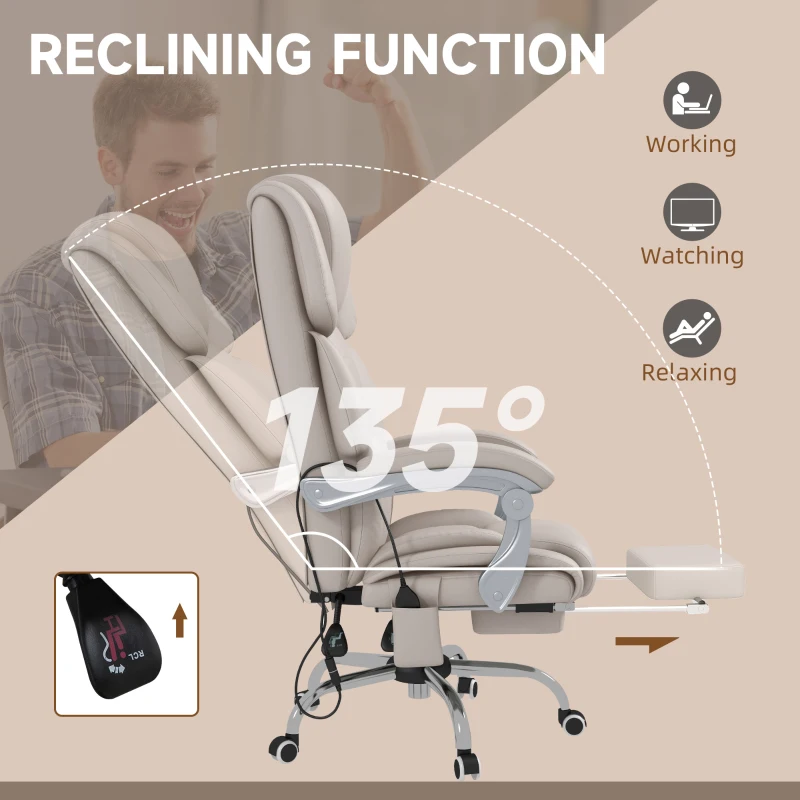 Vinsetto PU Leather Massage Office Chair with 4 Vibration Points, Heated Reclining Computer Desk Chair with Adjustable Height, Footrest, Light Grey