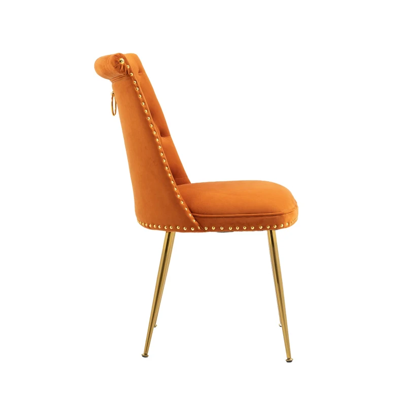 Chaise de salle à manger en velours, lot de 2, dossier haut avec dossier bouclé et pieds en métal doré, pour salon, salle à manger, cuisine, Orange