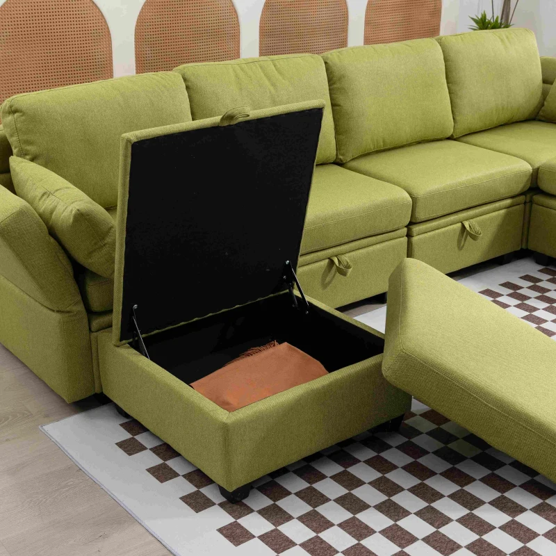 Canapé modulaire en forme de U avec espace de rangement, pouvant être assemblé à volonté en canapé-lit double, salon extra large, Vert olive