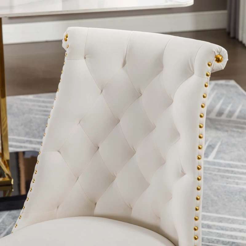 Juego de 2 Sillas Elegantes de Terciopelo Suave con Respaldo Acolchado y Patas de Metal Dorado Beige
