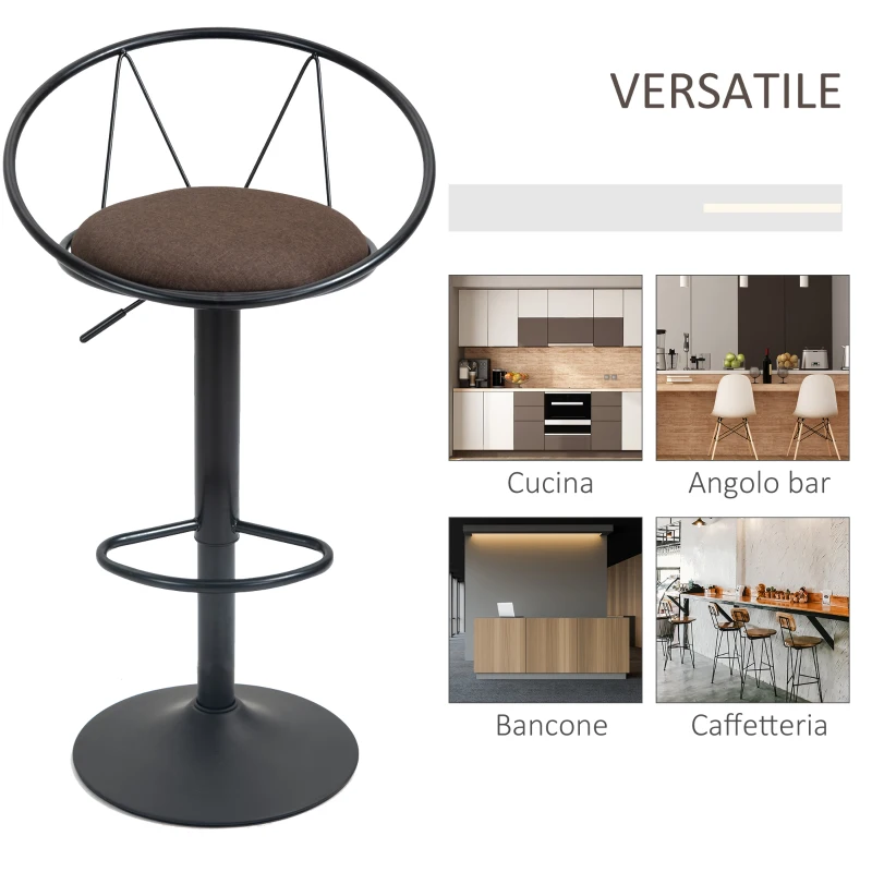 HOMCOM Set 2 Sgabelli da Bar Girevoli con Schienale e Poggiapiedi in Metallo, Altezza Regolabile e Seduta Imbottita per Soggiorno e Cucina , Marrone 51x46x78-100cm