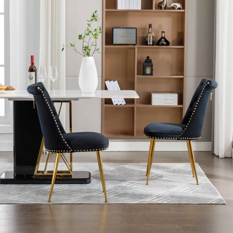 Set di Due Sedie Eleganti in Velluto Morbido con Schienale Imbottito e Gambe in Metallo Dorato, Nero
