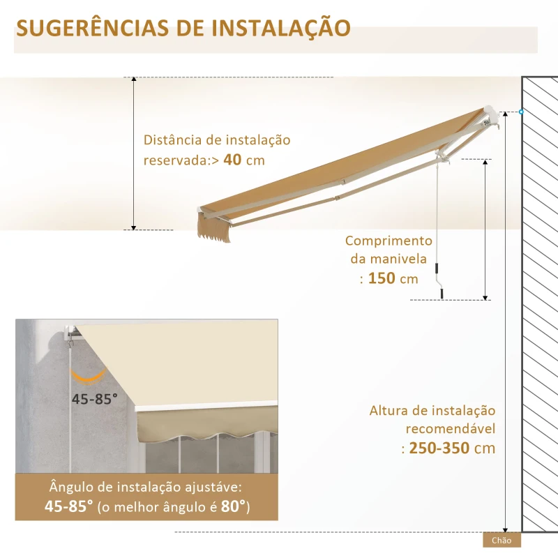 Outsunny Toldo Manual Retrátil com Manivela 295x245cm Toldo Enrolável Alumínio com Proteção Solar para Janela Portas Balcão Terraço Exterior Bege