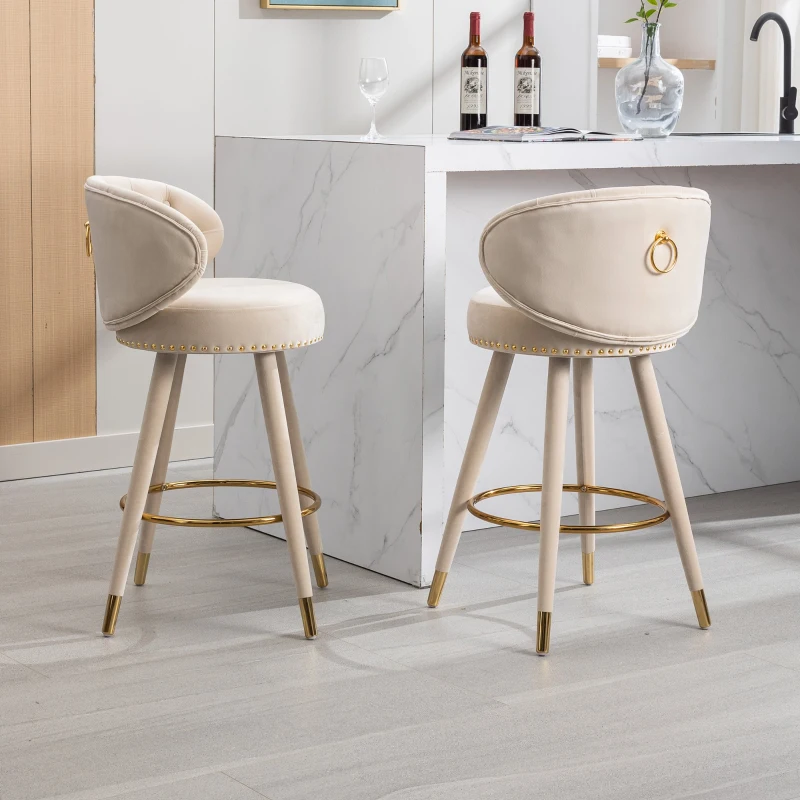 Set di 2 Sgabelli da Bar in Velluto con Schienale, Rotazione a 360° e Gambe in Legno per Casa, Cucina, e Ristoranti, Beige