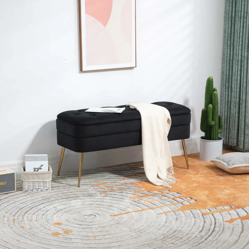 Pouf Contenitore Imbottito, Panca Fine Letto Elegante per Soggiorno e Camera da Letto, Nero