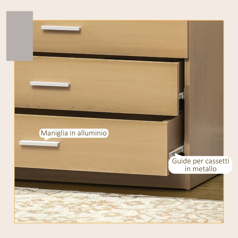 HOMCOM Cassettiera Salvaspazio in Legno,  Comò con 4 Cassetti per Camera da Letto, Rovere, 72x33.5x67cm