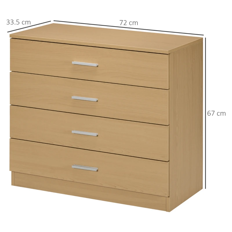 HOMCOM Cassettiera Salvaspazio in Legno,  Comò con 4 Cassetti per Camera da Letto, Rovere, 72x33.5x67cm