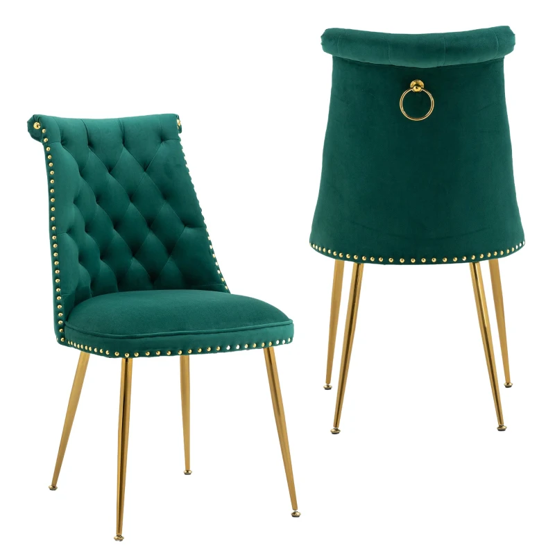 Set di Due Sedie Eleganti in Velluto Morbido con Schienale Imbottito e Gambe in Metallo Dorato, Verde