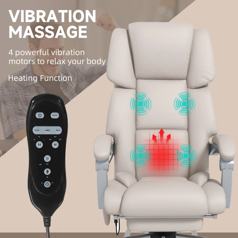 Vinsetto PU Leather Massage Office Chair with 4 Vibration Points, Heated Reclining Computer Desk Chair with Adjustable Height, Footrest, Light Grey
