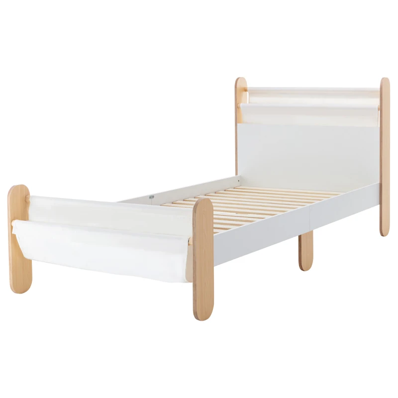 HOMCOM Łóżko Dziecięce Młodzieżowe z Kieszeniami na Zabawki od 3 Lat Drewniane Łóżko do Pokoju Dziecięcego Biało-Naturalne 229 x 98 x 95 cm