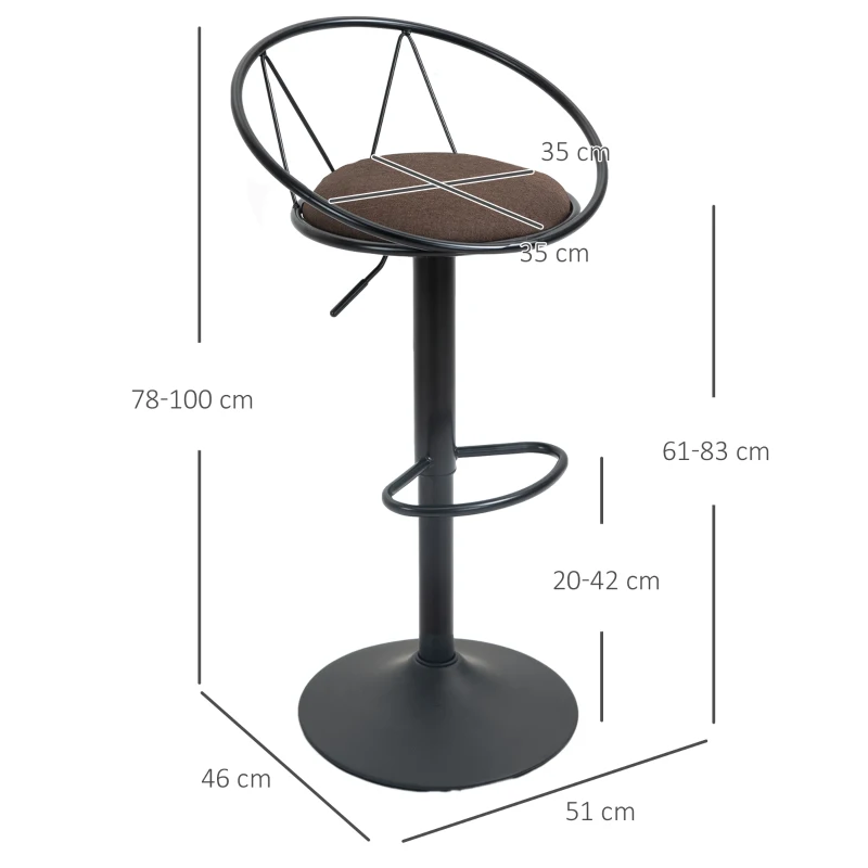 HOMCOM Set 2 Sgabelli da Bar Girevoli con Schienale e Poggiapiedi in Metallo, Altezza Regolabile e Seduta Imbottita per Soggiorno e Cucina , Marrone 51x46x78-100cm