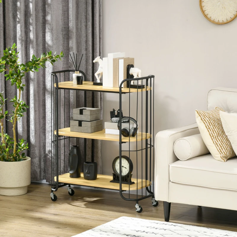 HOMCOM Carucior de Bucatarie Multifunctional pe 3 Niveluri din PAL si Otel cu Maner si 4 Roti, 79x38x95 cm, culoare Lemn natur