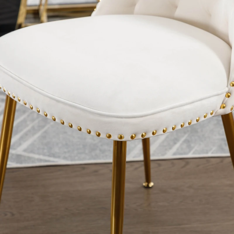 Juego de 2 Sillas Elegantes de Terciopelo Suave con Respaldo Acolchado y Patas de Metal Dorado Beige
