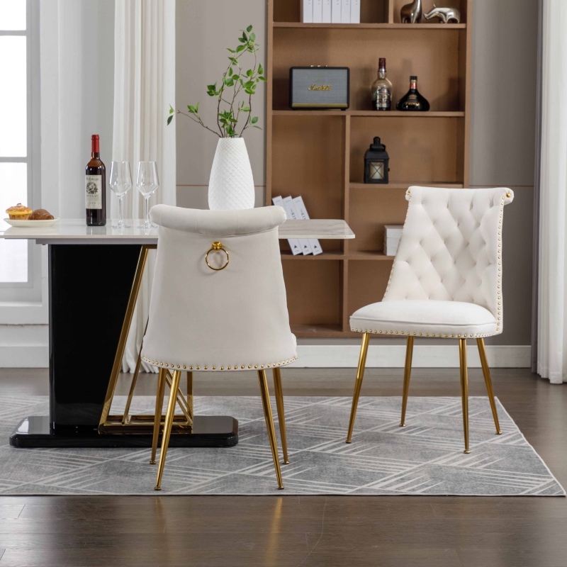 Set Di 2 Sedie Da Pranzo In Velluto Beige Con Gambe In Metallo Dorato – Per Soggiorno E Camera Da Letto, Supporto Lombare, Portata 150 Kg, Facili Da Montare