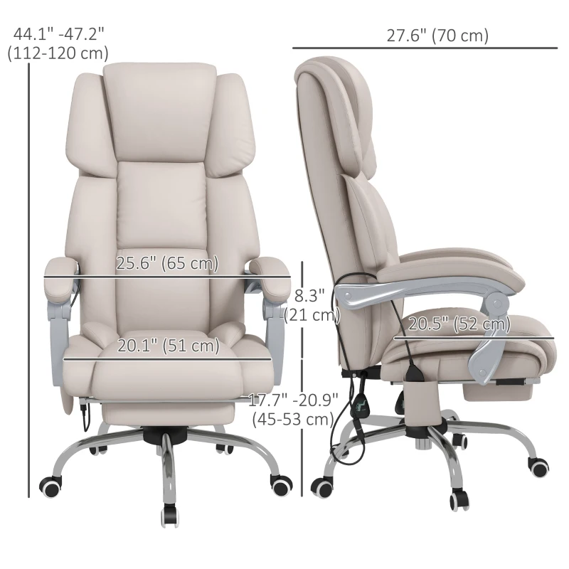 Vinsetto PU Leather Massage Office Chair with 4 Vibration Points, Heated Reclining Computer Desk Chair with Adjustable Height, Footrest, Light Grey
