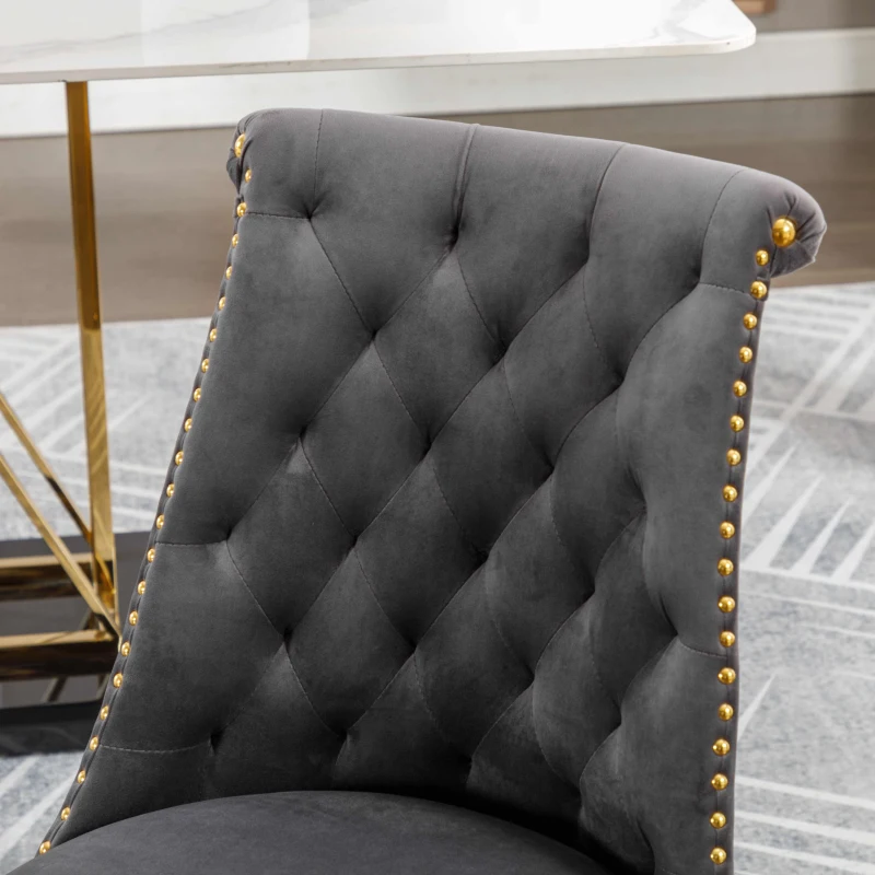Set di Due Sedie Eleganti in Velluto Morbido con Schienale Imbottito e Gambe in Metallo Dorato, Grigio