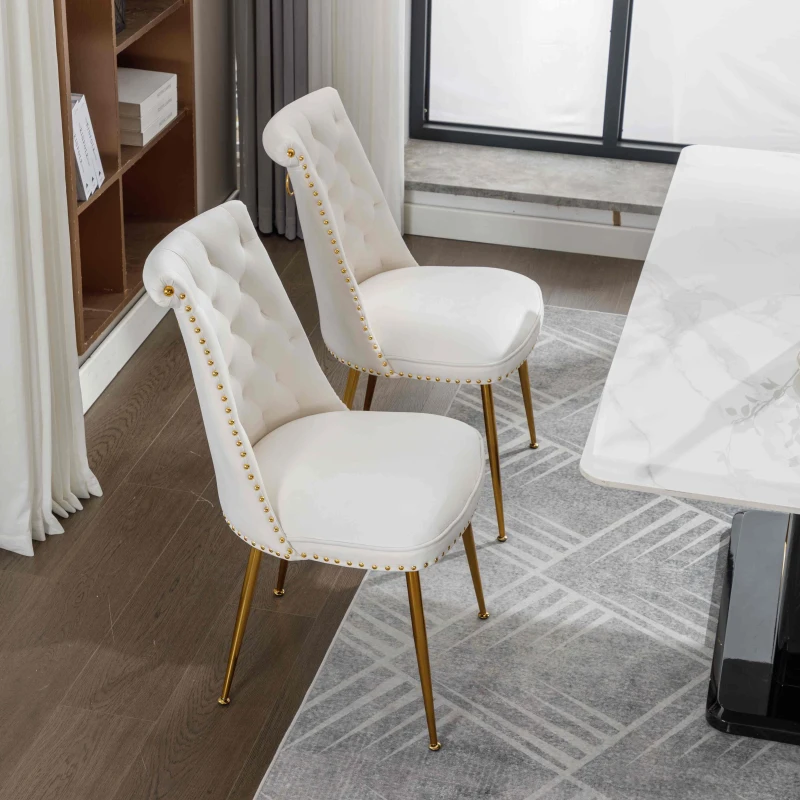 Juego de 2 Sillas Elegantes de Terciopelo Suave con Respaldo Acolchado y Patas de Metal Dorado Beige