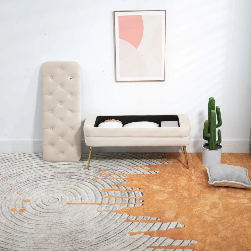 Pouf Contenitore Imbottito, Panca Fine Letto Elegante per Soggiorno e Camera da Letto, Beige