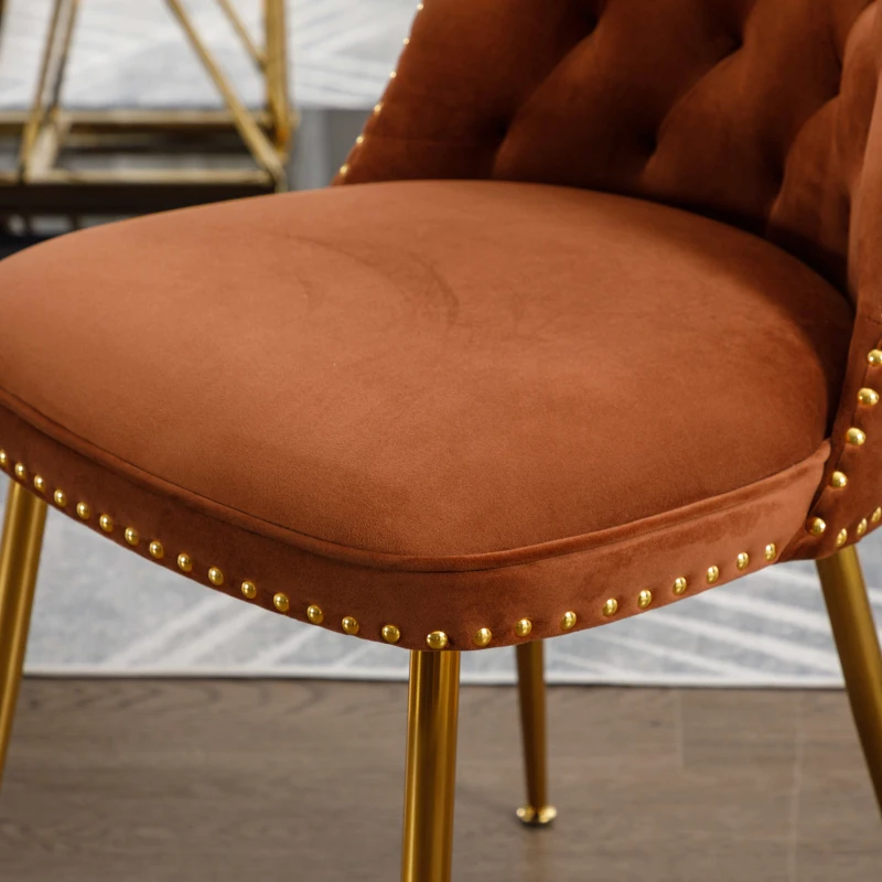 Chaise de salle à manger en velours, lot de 2, dossier haut avec dossier bouclé et pieds en métal doré, pour salon, salle à manger, cuisine, Marron