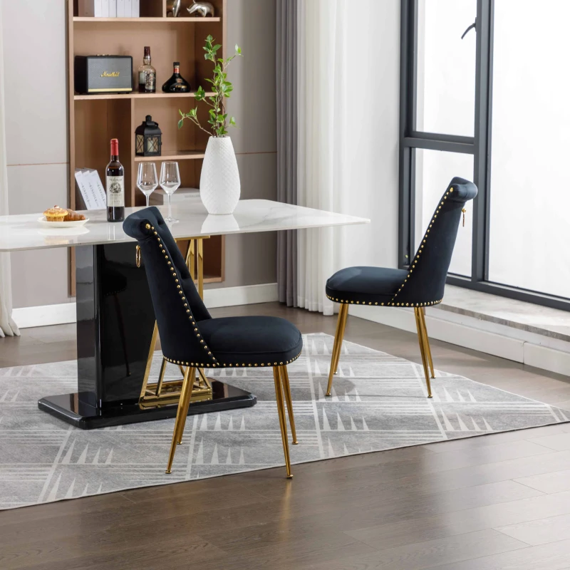 Set di Due Sedie Eleganti in Velluto Morbido con Schienale Imbottito e Gambe in Metallo Dorato, Nero