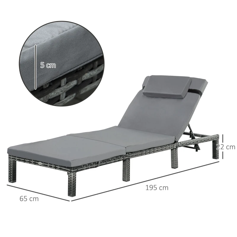 Outsunny PE Rattan Sun Lounger with Soft Padded Cushion - Patio Sun Lounger with 5-Level Reclining and Headrest, Grey