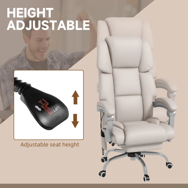 Vinsetto PU Leather Massage Office Chair with 4 Vibration Points, Heated Reclining Computer Desk Chair with Adjustable Height, Footrest, Light Grey