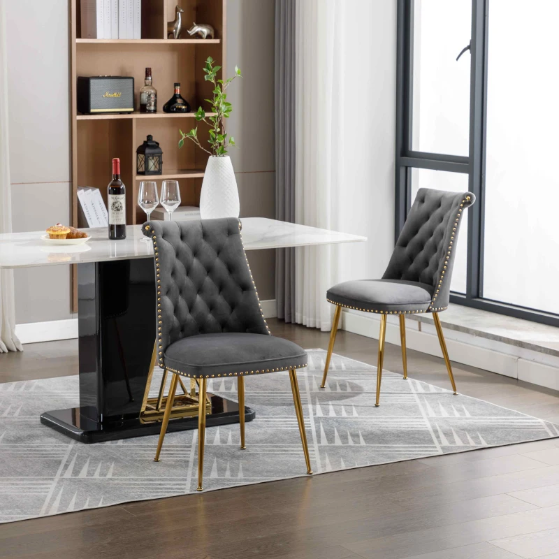 Set di Due Sedie Eleganti in Velluto Morbido con Schienale Imbottito e Gambe in Metallo Dorato, Grigio