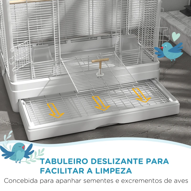 PawHut Gaiola para Pássaros 61x36,5x98 cm com Portas Poleiros Bandeja Removível e Alças para Canários Periquitos Branco
