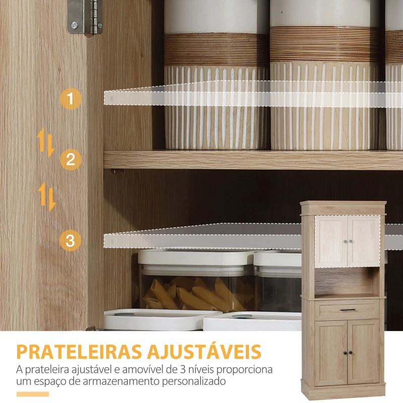 HOMCOM Armário de Cozinha com 4 Portas 1 Gaveta e Prateleira Aberta para Sala de Estar Sala de Jantar 74x39,5x183cm Carvalho