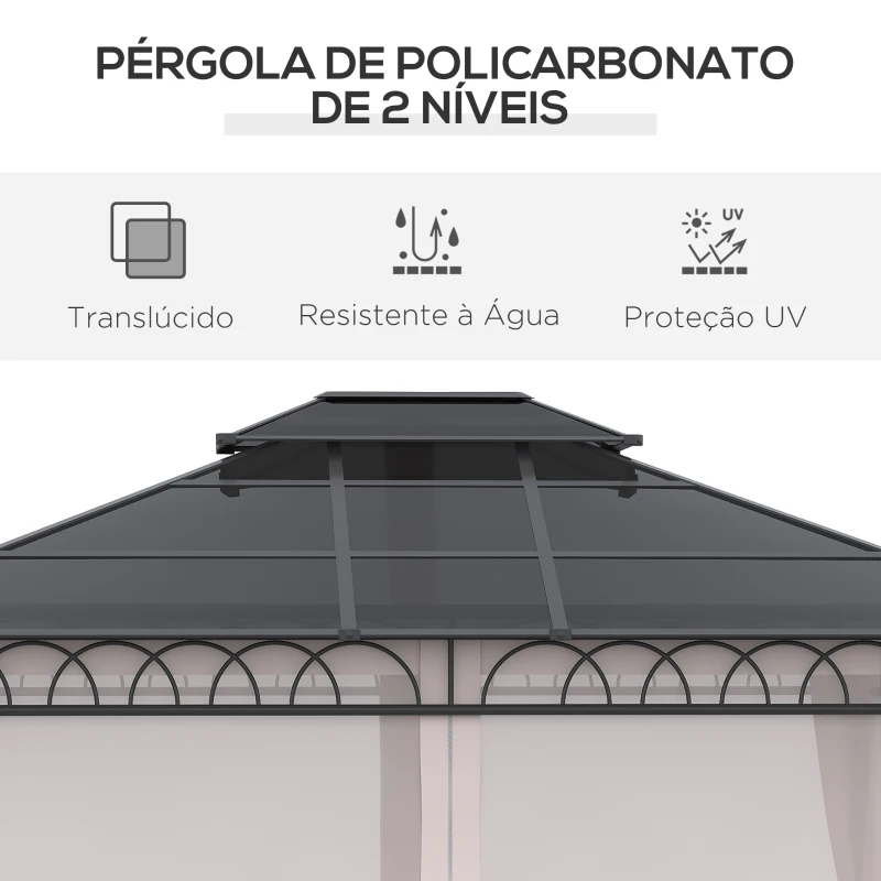 Outsunny Pérgola de Jardim 3,6x3m com Teto Duplo de Policarbonato 4 Cortinas Laterais Mosquiteiras com Zíper Preto Cinza e Cáqui