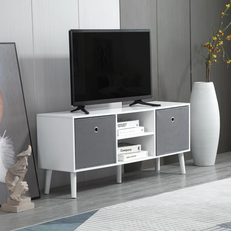HOMCOM Móvel de TV para Televisores de até 50 Polegadas Móvel de Sala de Estar Moderno com 2 Gavetas de Tecido 2 Prateleiras Abertas e Orifício Passa Cabos 110x29x46,5cm Branco e Cinza