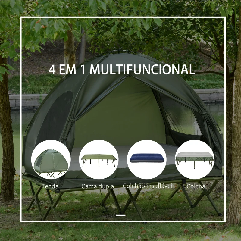 Outsunny Cama Dupla de Campismo Dobrável com Tenda 2 em 1 Cama de Campismo Elevada com Colchão Inflável e Bolsa de Transporte Tecido Oxford Aço 193x145x180cm Verde
