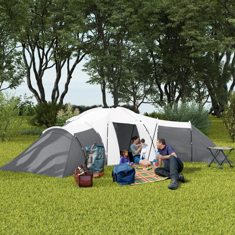 Outsunny Kampeertent voor 6-9 personen, 4 kamers, voortent, waterdicht, 615x 615x225cm, Grijs