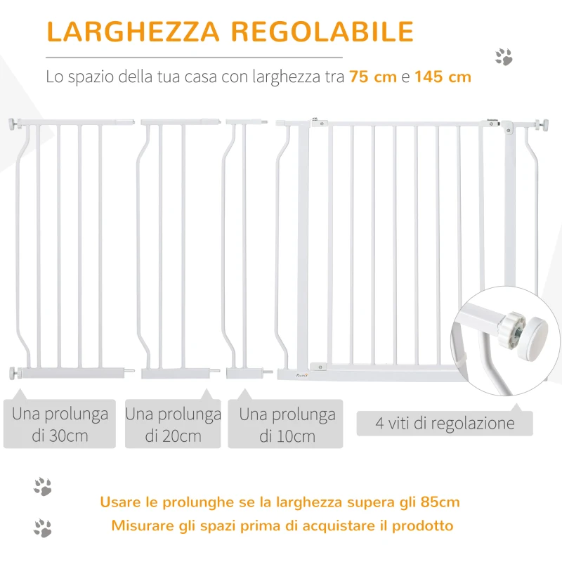 PawHut Cancelletto di Sicurezza per Cani in Acciaio e ABS, Estensibile 75-145cm per Scale e Porte, Bianco