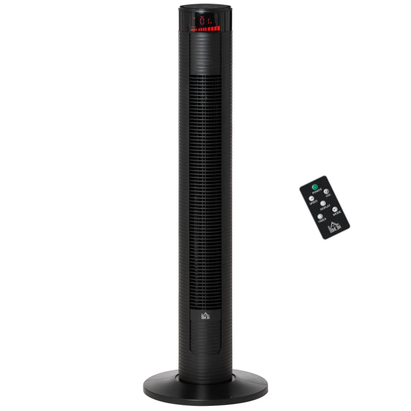 HOMCOM Ventoinha de Coluna Altura 96cm 45W com Controle Remoto 3 Velocidades 4 Modos de Funcionamento e Oscilação de 70° Tela LED Tátil Temporizador de 12H Silencioso e Alça de Transporte Preto